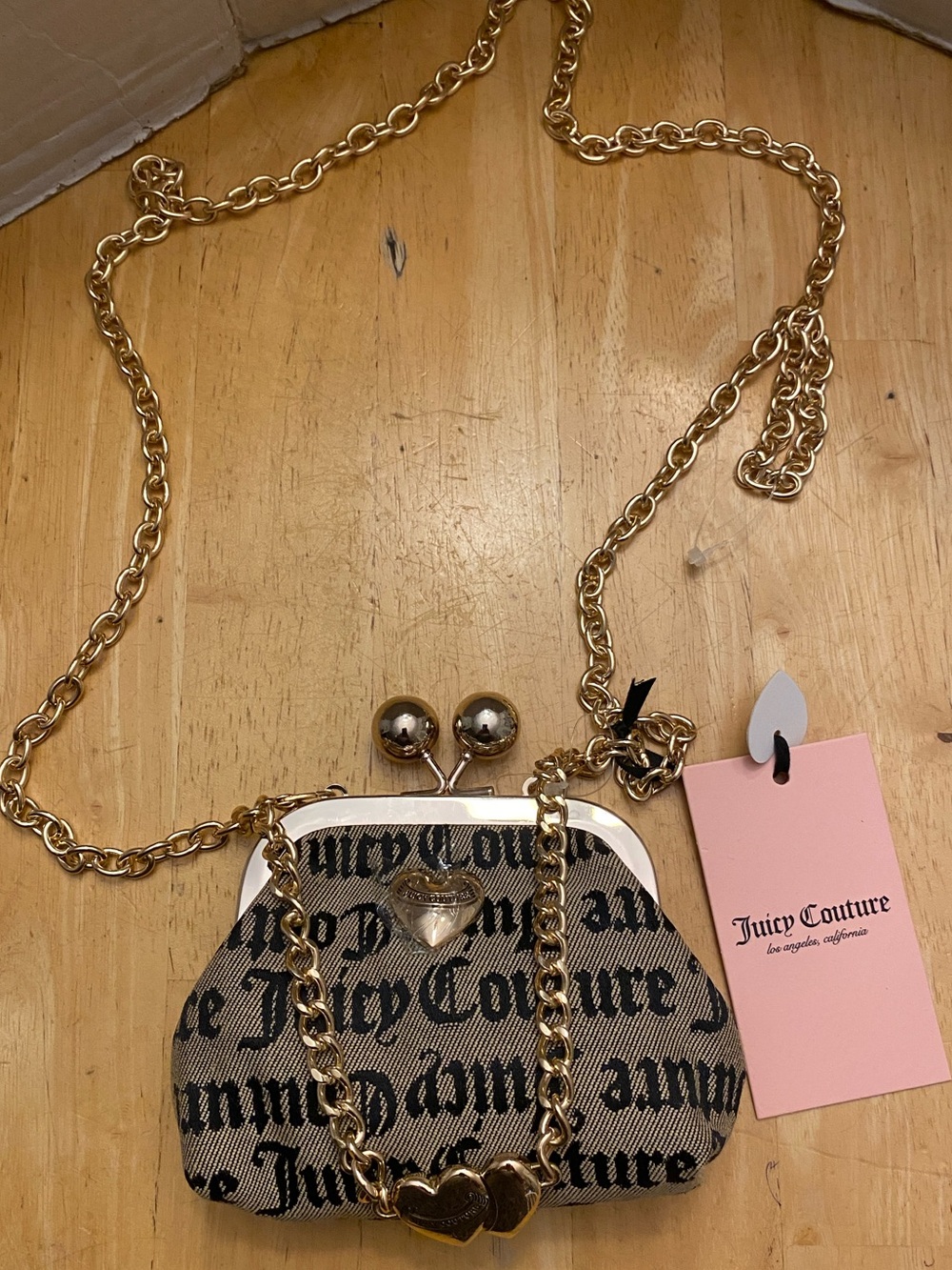 Juicy Couture Gold Chain Heart Accent mini Crossbody logo print w kiss lock NWT